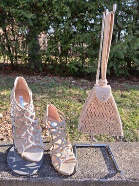 2 items = Women's Champagne Crystal Strappy Gold High Heel Sandals 7.5 and Bag